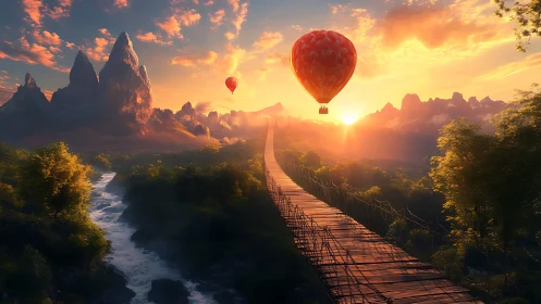 Suspension bridge and hot air balloons cross a river valley