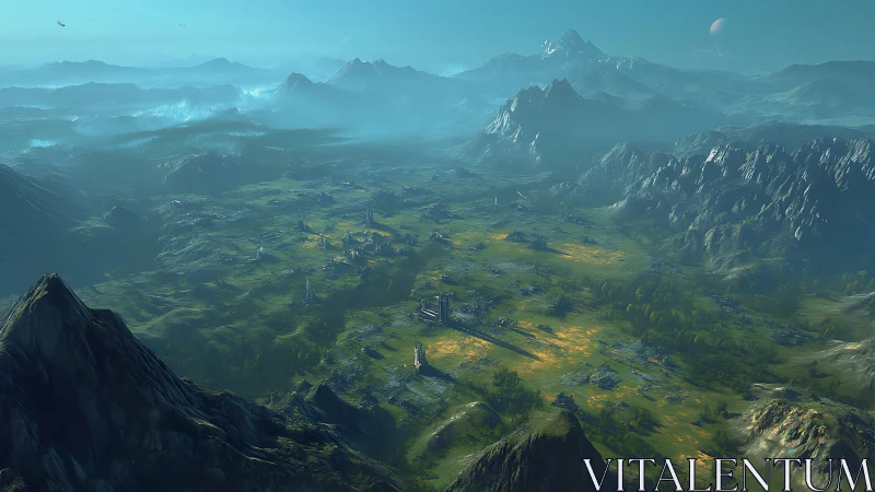 Futuristic alpine valley megastructures under teal atmospheric haze