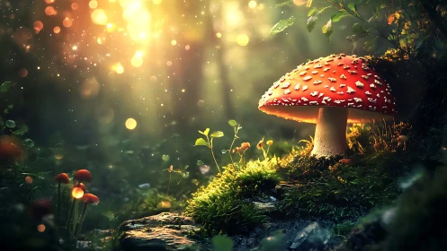 Luminous fly agaric mushroom glows in enchanted forest clearing