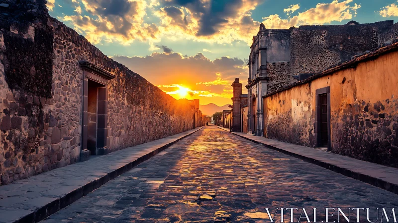 Sun illuminates a narrow cobblestone street between stone walls