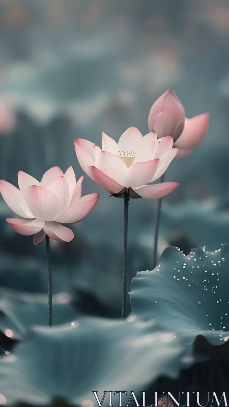 Digital rendering depicts pink lotus flowers above teal foliage