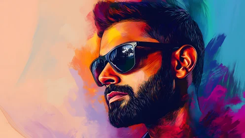 Vibrant digital portrait of a bearded man in reflective shades