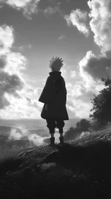 Silhouetted anime figure on hillside under dramatic sky at dusk