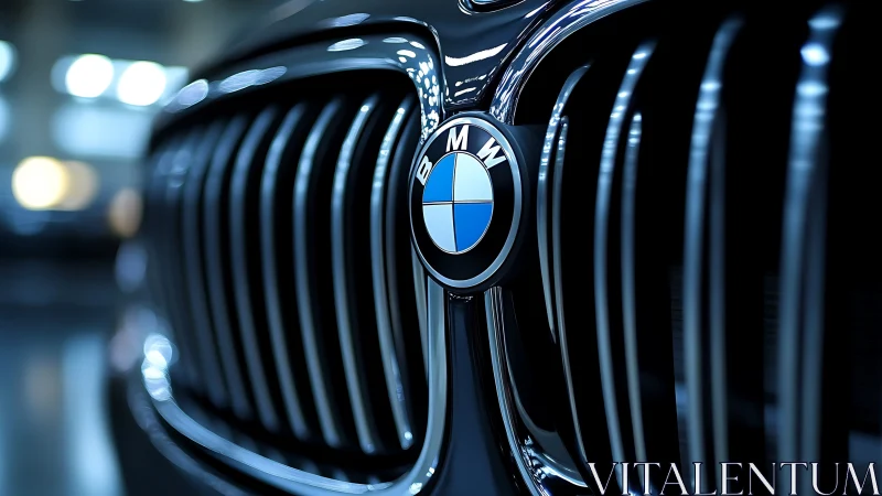 BMW front grille close-up with reflective chrome finish.
