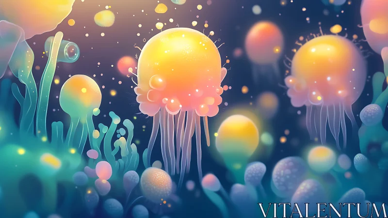 Bioluminescent jellyfish cluster in dreamy neon seascape.