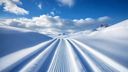 Alpine ski run pathway receding through snow-covered valley terrain.