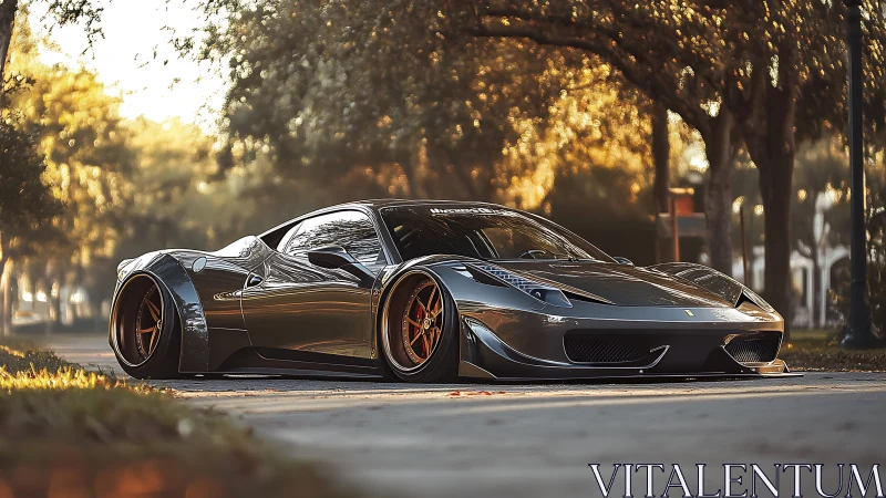 Sunlit street supercar gliding through golden afternoon calm.
