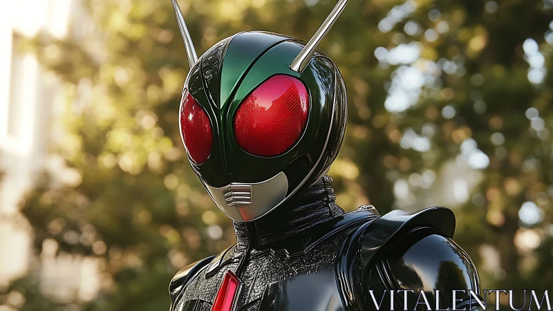 Heroic bug-eyed robot stands ready in sunlit city park.