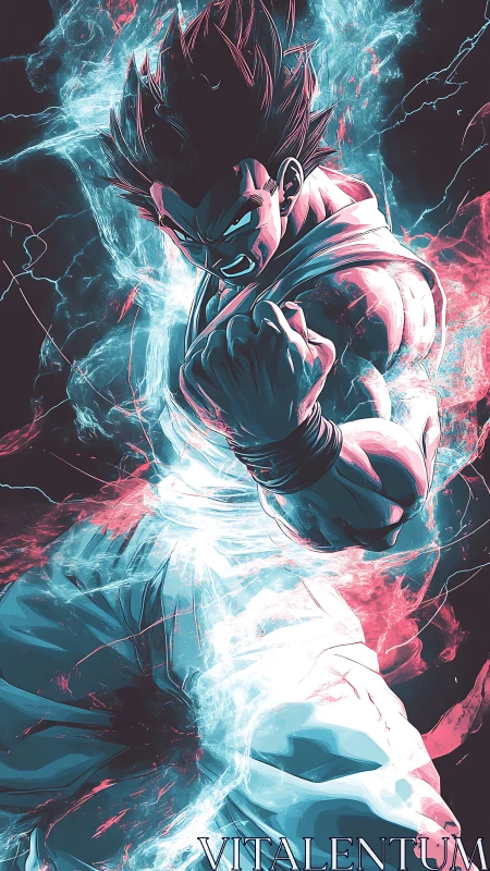 Electrified anime warrior surging upward in dual neon aura