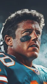 Football player portrait shows focused expression under stadium lights