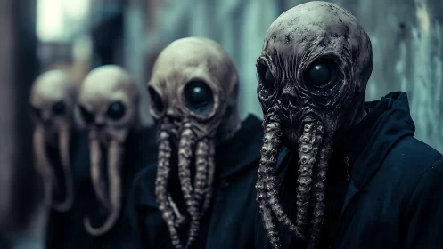 Procession of abyssal masked figures in a rain-dark alleyway.