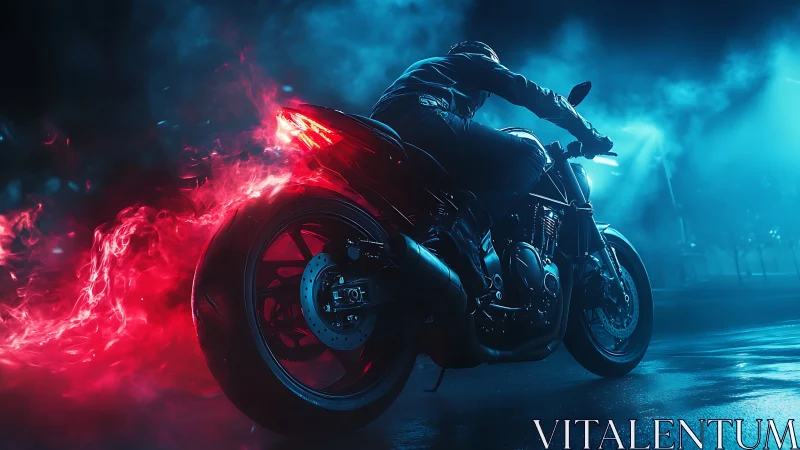 Motorcycle rider accelerates through neon fog at night