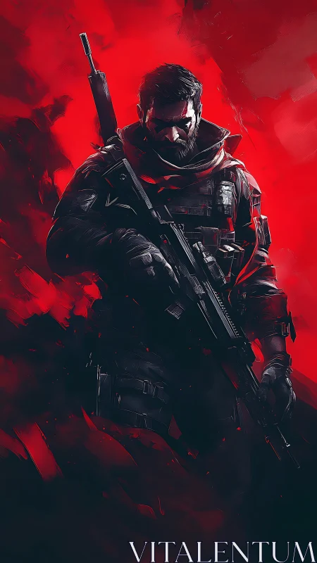 Armored rifleman stands against abstract red digital field