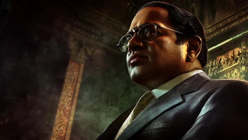 Digital portrait renders suited man in low angle perspective