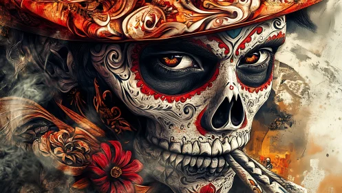 Ornate sugar skull portrait with floral filigree detailing.