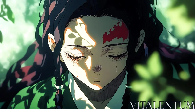 Wounded anime warrior bows in quiet, tearful forest light