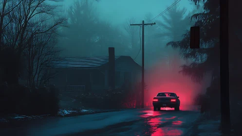 Misty roadside evening glows as a lone car quietly departs