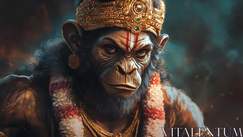Mythic simian warrior deity in jeweled crown and garland armor