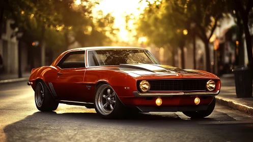 Orange muscle car glows under golden downtown sunset light.