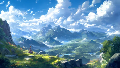 Gentle wanderer gazes over a sunlit valley of distant peaks