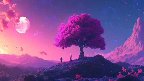 Chromatic exoplanet nightscape with luminous magenta tree.