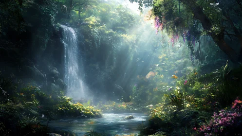 Luminescent waterfall cascade within verdant forest grotto sanctuary.