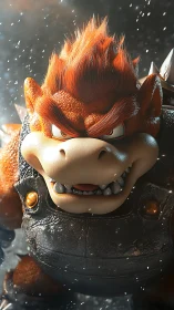 Fiery armored reptilian boss in cinematic 3D close-up portrait.