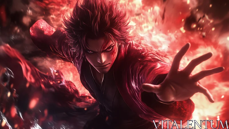 Male anime figure in red energy field with forward reach.