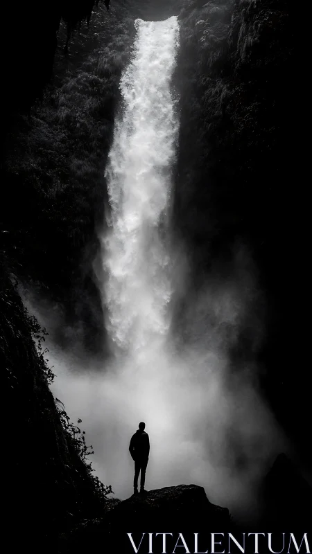 Silhouette Wanderer Studying A Thunderous Midnight Waterfall.