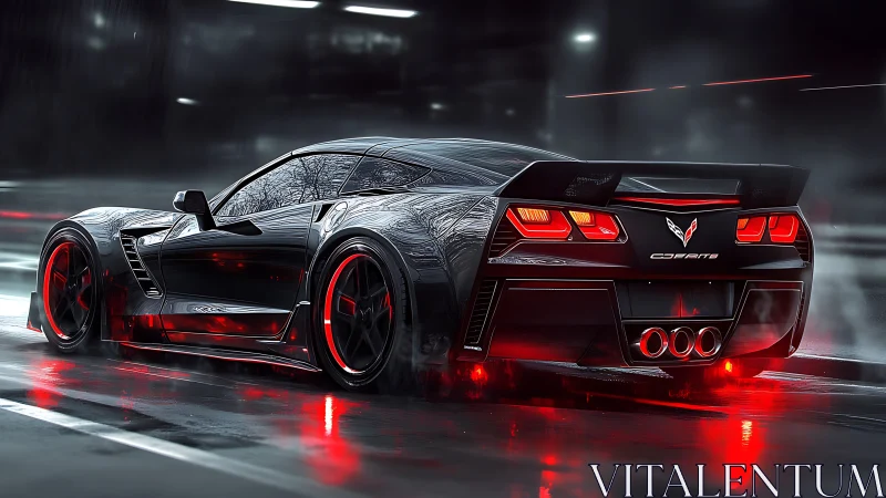 Ultra-low Corvette rear three-quarter in neon red rain city