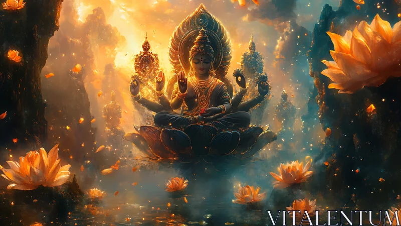 Radiant multi-armed lotus deity amid luminous celestial mist