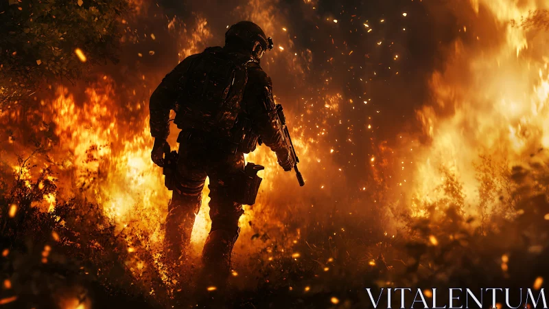 Armed soldier advancing through flames in tactical combat scenario