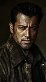 Brooding man in worn leather jacket under cinematic light.