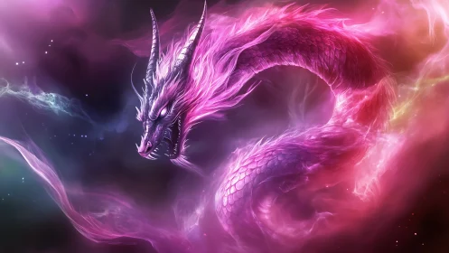 Cosmic serpentine dragon coils through luminous magenta nebula