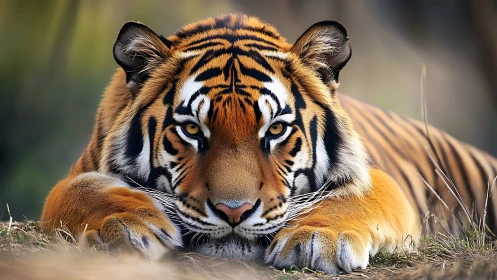 Resting tiger in close frontal view on natural ground surface.