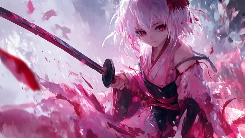 Fierce pink haired swordswoman holds her katana with quiet poise