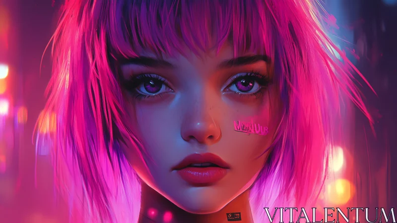 Neon lit digital portrait of pink haired female subject.