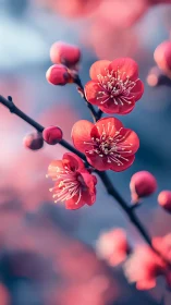 Coral plum blossoms drift through cotton-candy twilight.