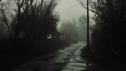 Rainsoaked Hollow Road curling through a fog drowned village.