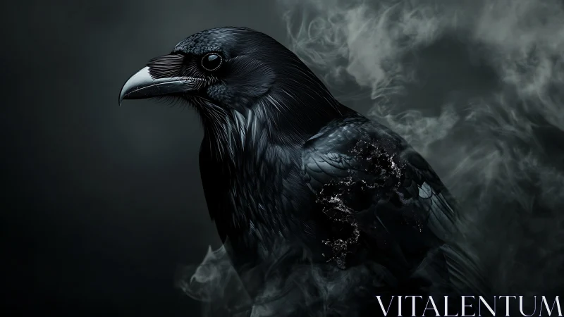 Digital raven portrait with smoke and subtle skull motif
