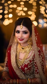 Portrait shows bride in red and gold attire with jewelry