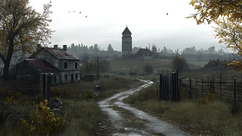 Rural dirt road leading to distant tower and farm buildings.