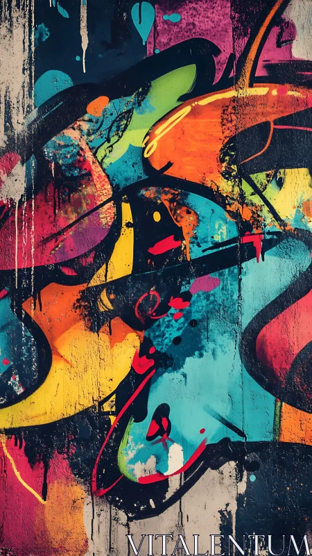 Graffiti abstraction on concrete wall with vibrant chromatic layers.