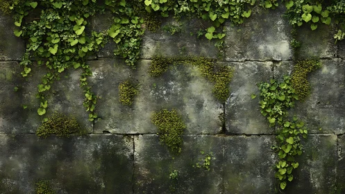Weathered masonry wall with climbing ivy and moss colonies