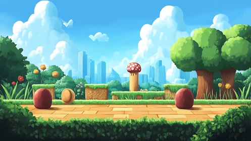 Vibrant side-scrolling forest platformer world design.