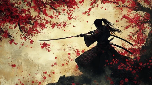 Samurai silhouette holds katana beneath dense red foliage