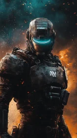 Armored sci fi soldier stands amid burning battlefield.