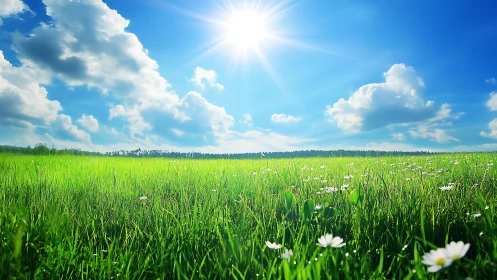 Sunlit meadow daydream under a bold, cloud-drifted sky.
