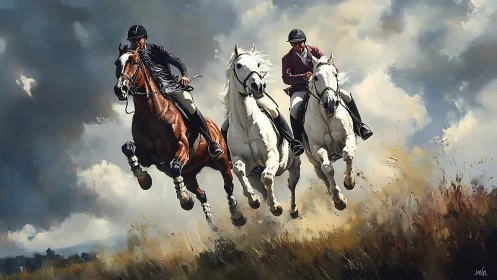 Galloping equestrians drive powerful horses through open field