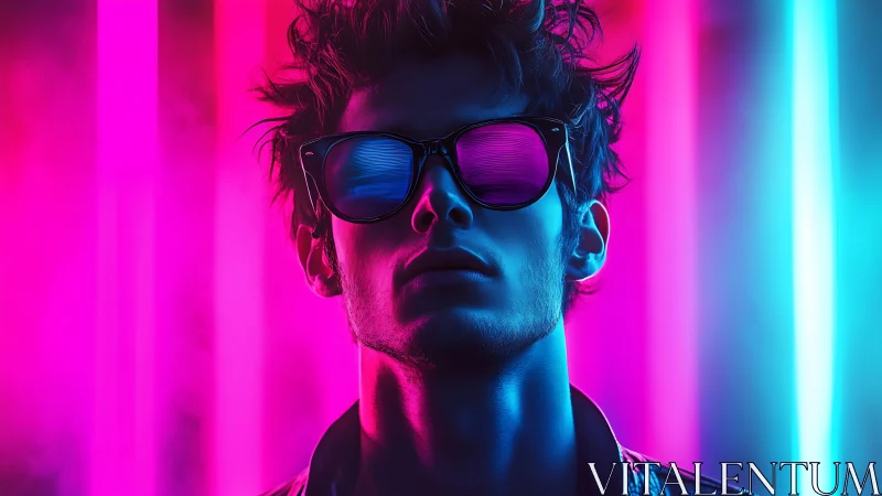Neon glow portrait of a cool night wanderer in sunglasses.